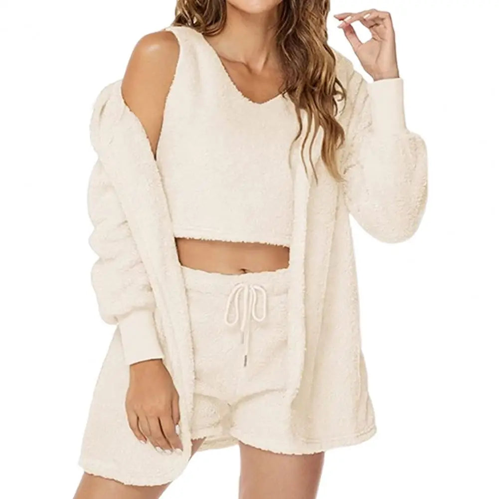3 Pcs/Set Lounge Women Pajama Set Coat Vest Shorts Thick Plush Homewear Hooded Outfit Autumn Winter Pajama Sleepwear