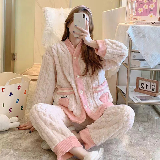 Strawberry Print Sleepwear Women Pajamas Set Winter Fleece Velvet 2 Pieces Home Suit Sleep Fluffy Korean Piiama Warm Night Wear