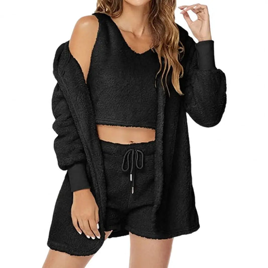 3 Pcs/Set Lounge Women Pajama Set Coat Vest Shorts Thick Plush Homewear Hooded Outfit Autumn Winter Pajama Sleepwear