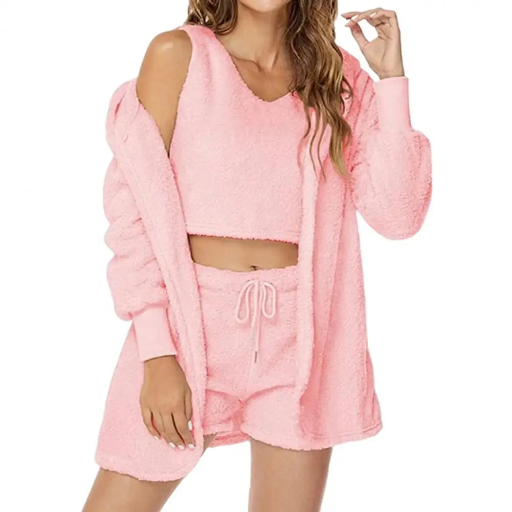 3 Pcs/Set Lounge Women Pajama Set Coat Vest Shorts Thick Plush Homewear Hooded Outfit Autumn Winter Pajama Sleepwear