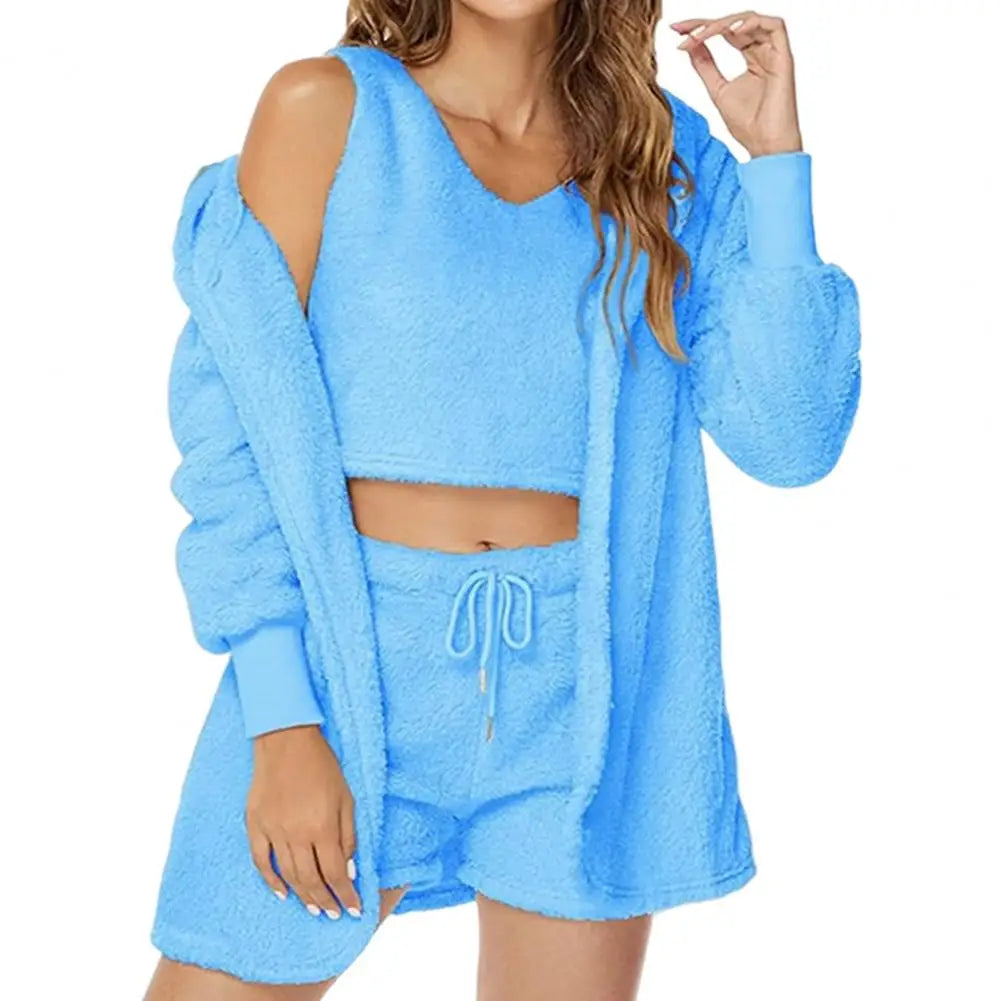 3 Pcs/Set Lounge Women Pajama Set Coat Vest Shorts Thick Plush Homewear Hooded Outfit Autumn Winter Pajama Sleepwear