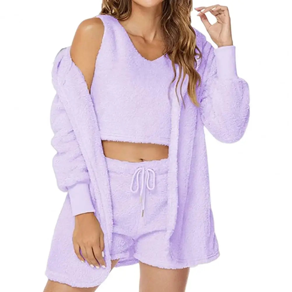 3 Pcs/Set Lounge Women Pajama Set Coat Vest Shorts Thick Plush Homewear Hooded Outfit Autumn Winter Pajama Sleepwear
